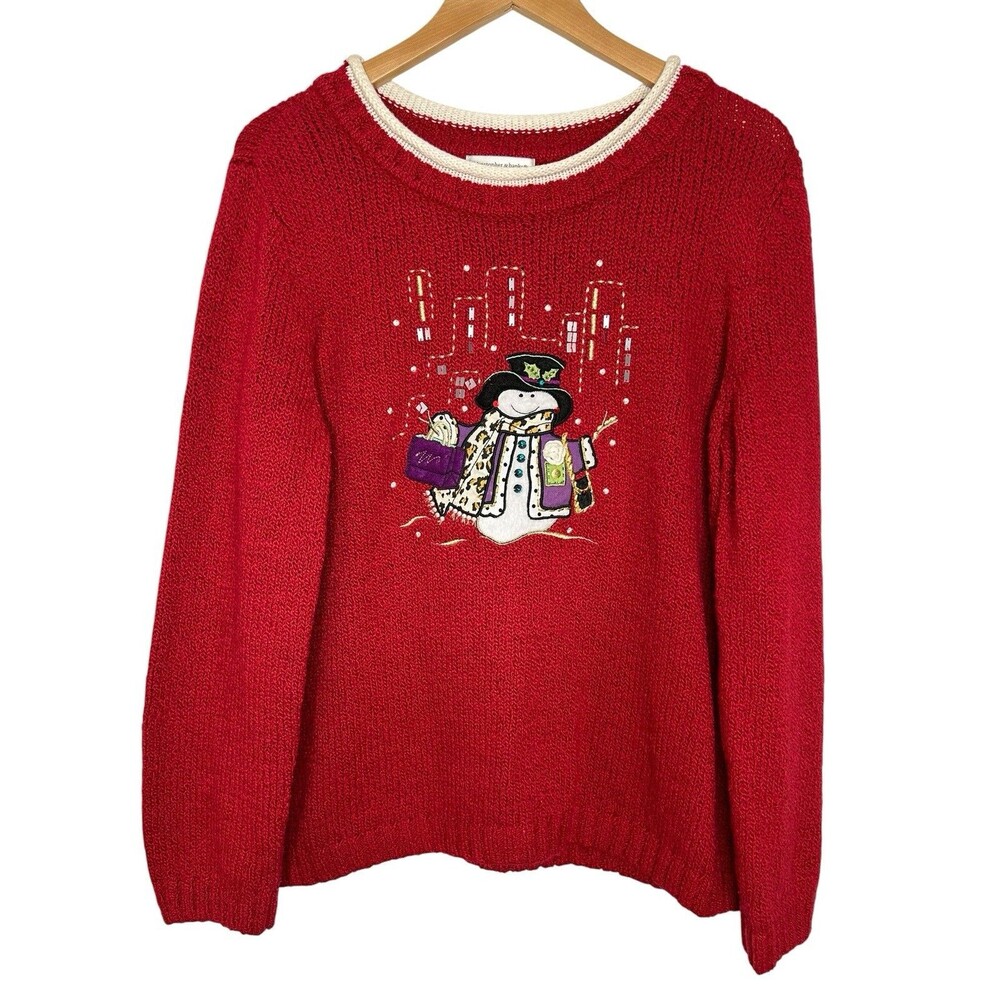Roll Neck Christmas Sweater Red Pullover Women's Size LARGE Hand Embroidered EUC